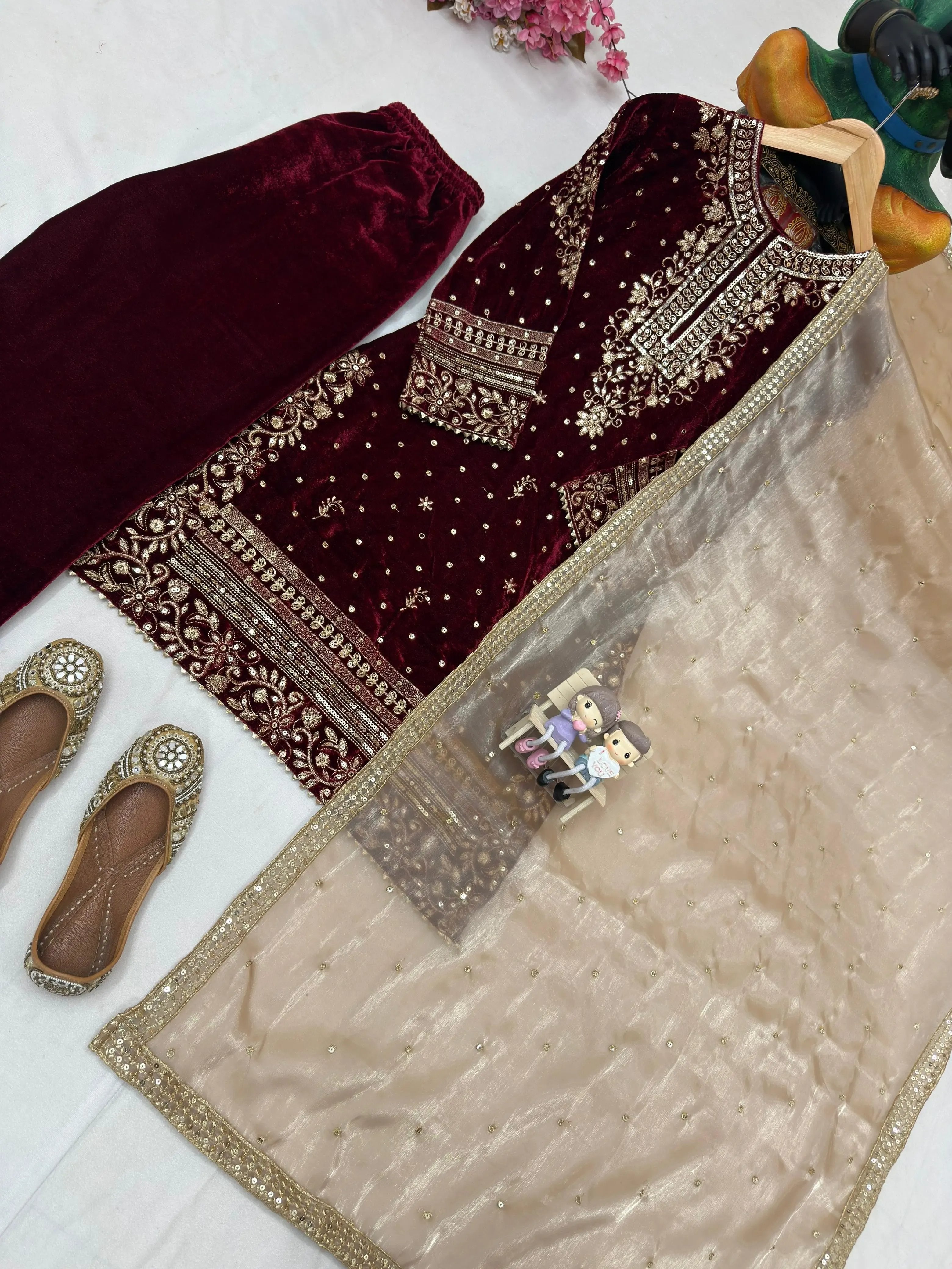 Real Moti Work with Sequence Embroidery Designer Velvet Kurti Pant Dupatta Set (Ready to Wear)