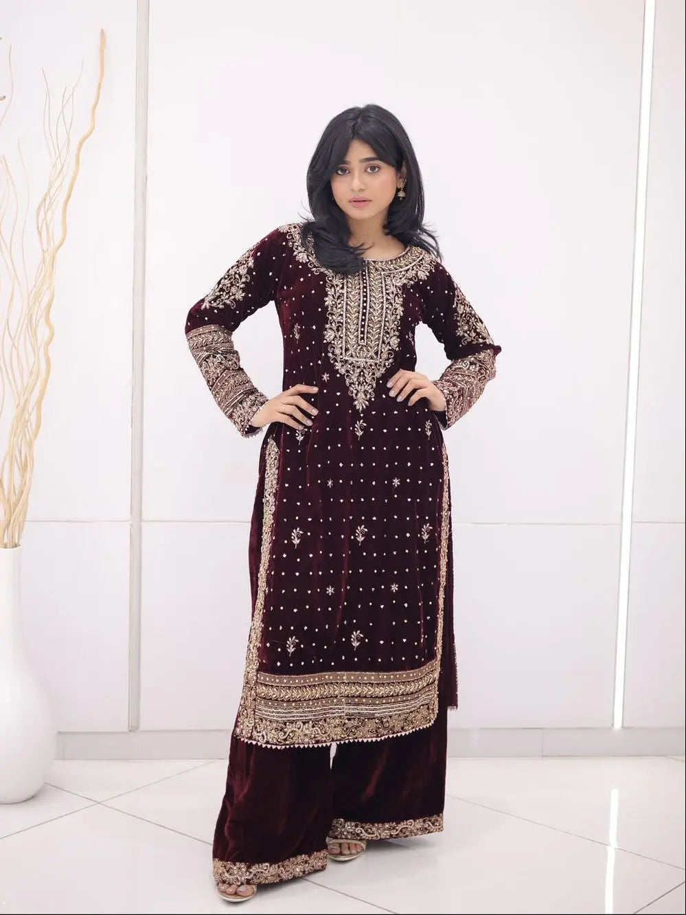 Real Moti Work with Sequence Embroidery Designer Velvet Kurti Pant Dupatta Set (Ready to Wear)