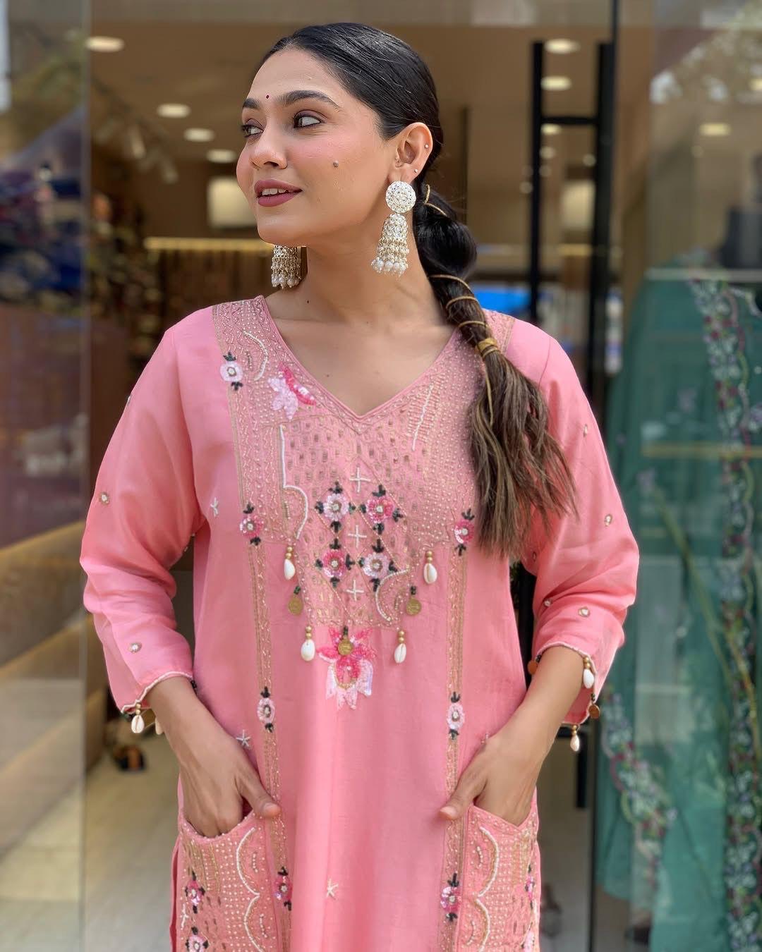 Roman Silk Original Kodi work with Hand Stone Thread Embroidery Work Summer Special Kurti Pant Dupatta Set (Fully Stitched)