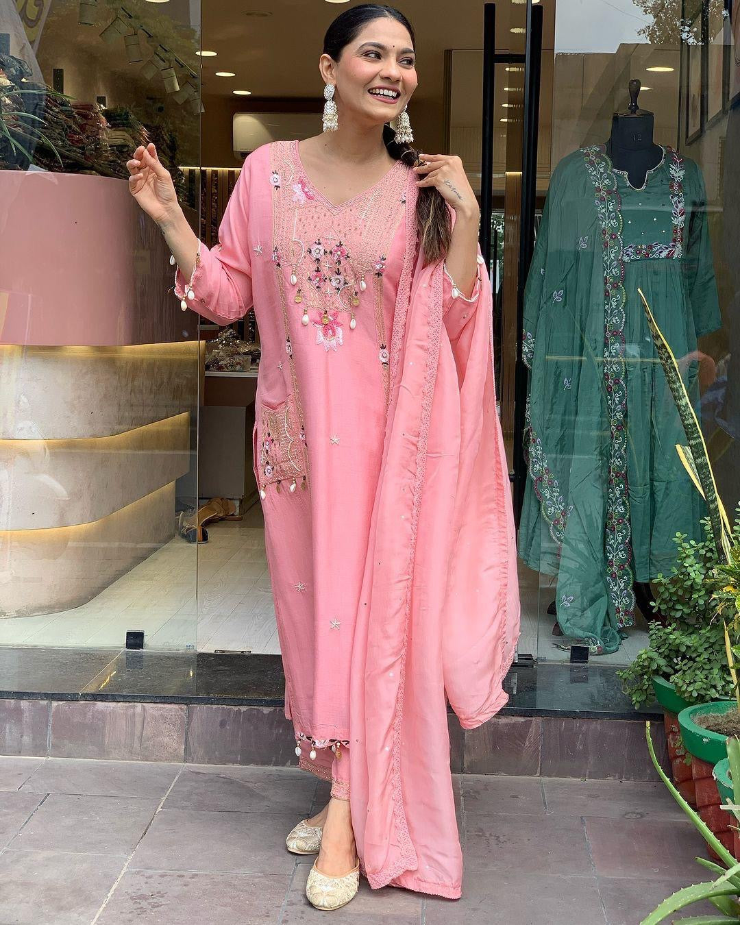 Roman Silk Original Kodi work with Hand Stone Thread Embroidery Work Summer Special Kurti Pant Dupatta Set (Fully Stitched)