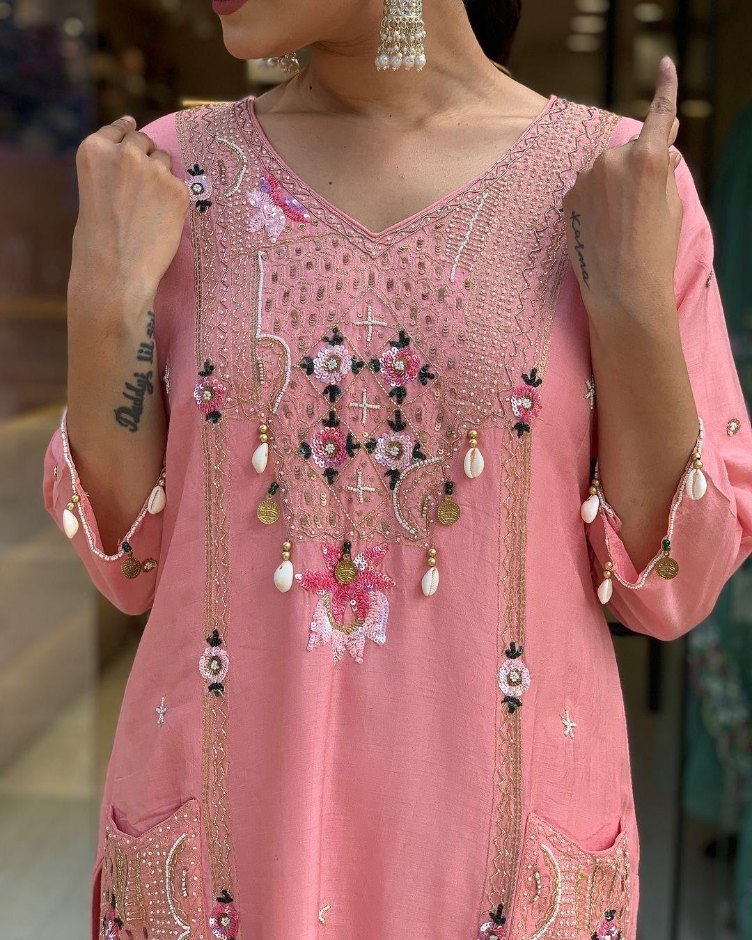 Roman Silk Original Kodi work with Hand Stone Thread Embroidery Work Summer Special Kurti Pant Dupatta Set (Fully Stitched)
