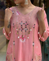 Roman Silk Original Kodi work with Hand Stone Thread Embroidery Work Summer Special Kurti Pant Dupatta Set (Fully Stitched)