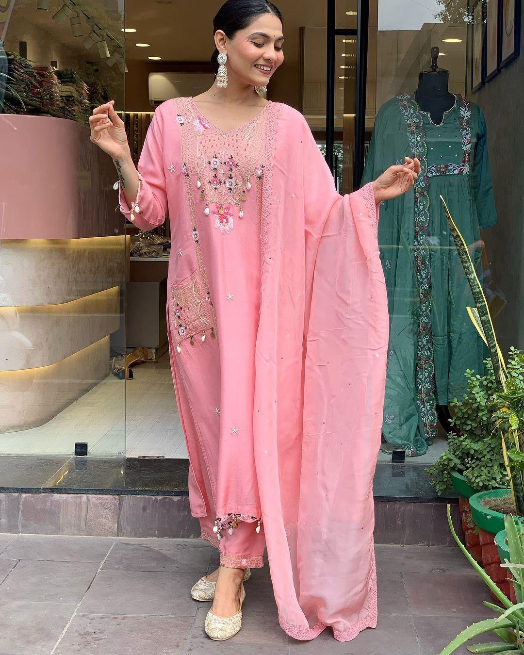 Roman Silk Original Kodi work with Hand Stone Thread Embroidery Work Summer Special Kurti Pant Dupatta Set (Fully Stitched)