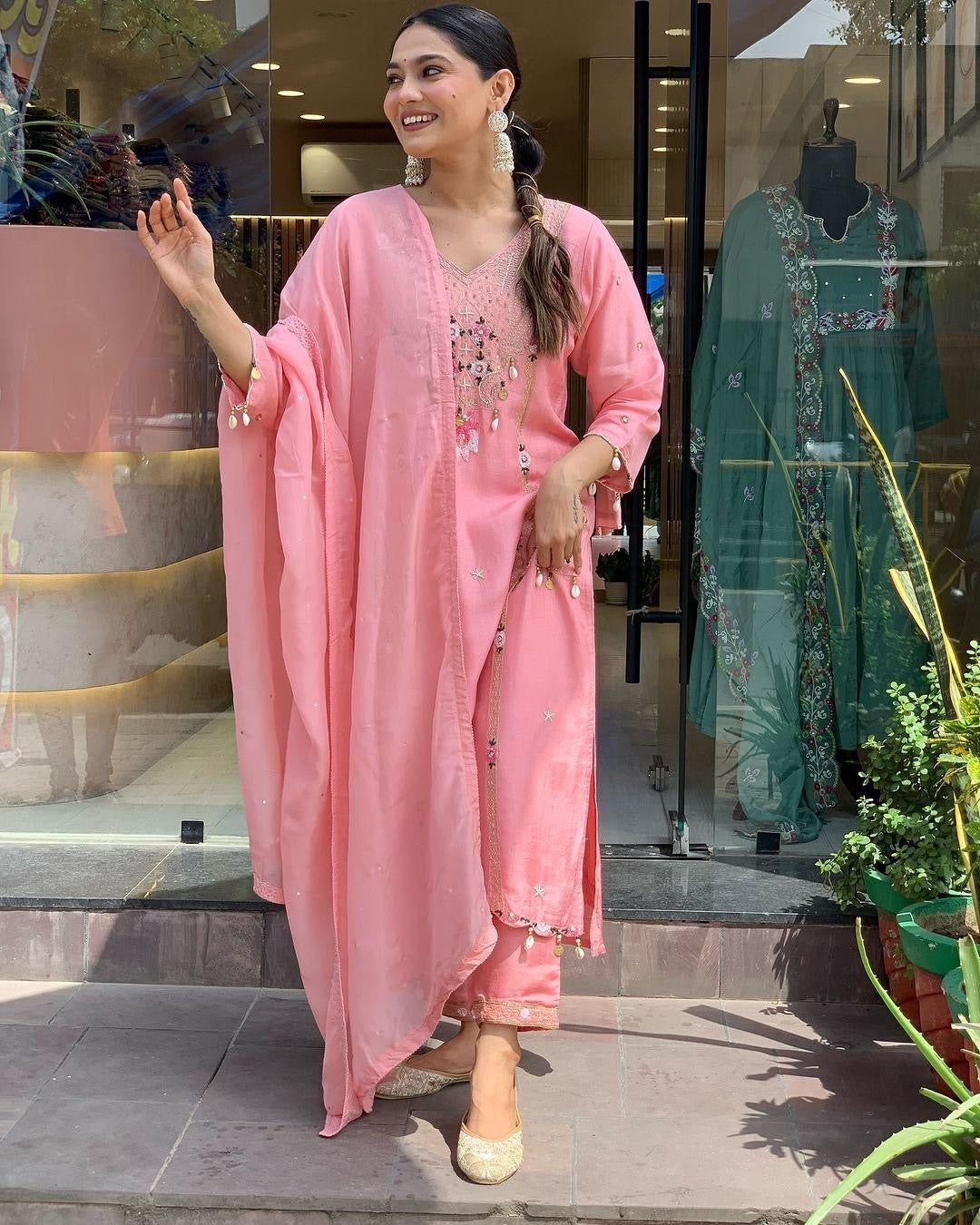 Roman Silk Original Kodi work with Hand Stone Thread Embroidery Work Summer Special Kurti Pant Dupatta Set (Fully Stitched)