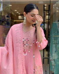Roman Silk Original Kodi work with Hand Stone Thread Embroidery Work Summer Special Kurti Pant Dupatta Set (Fully Stitched)