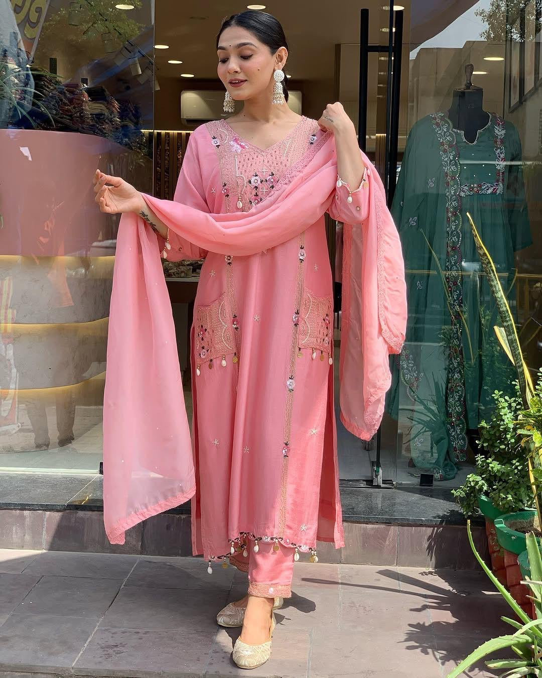 Roman Silk Original Kodi work with Hand Stone Thread Embroidery Work Summer Special Kurti Pant Dupatta Set (Fully Stitched)