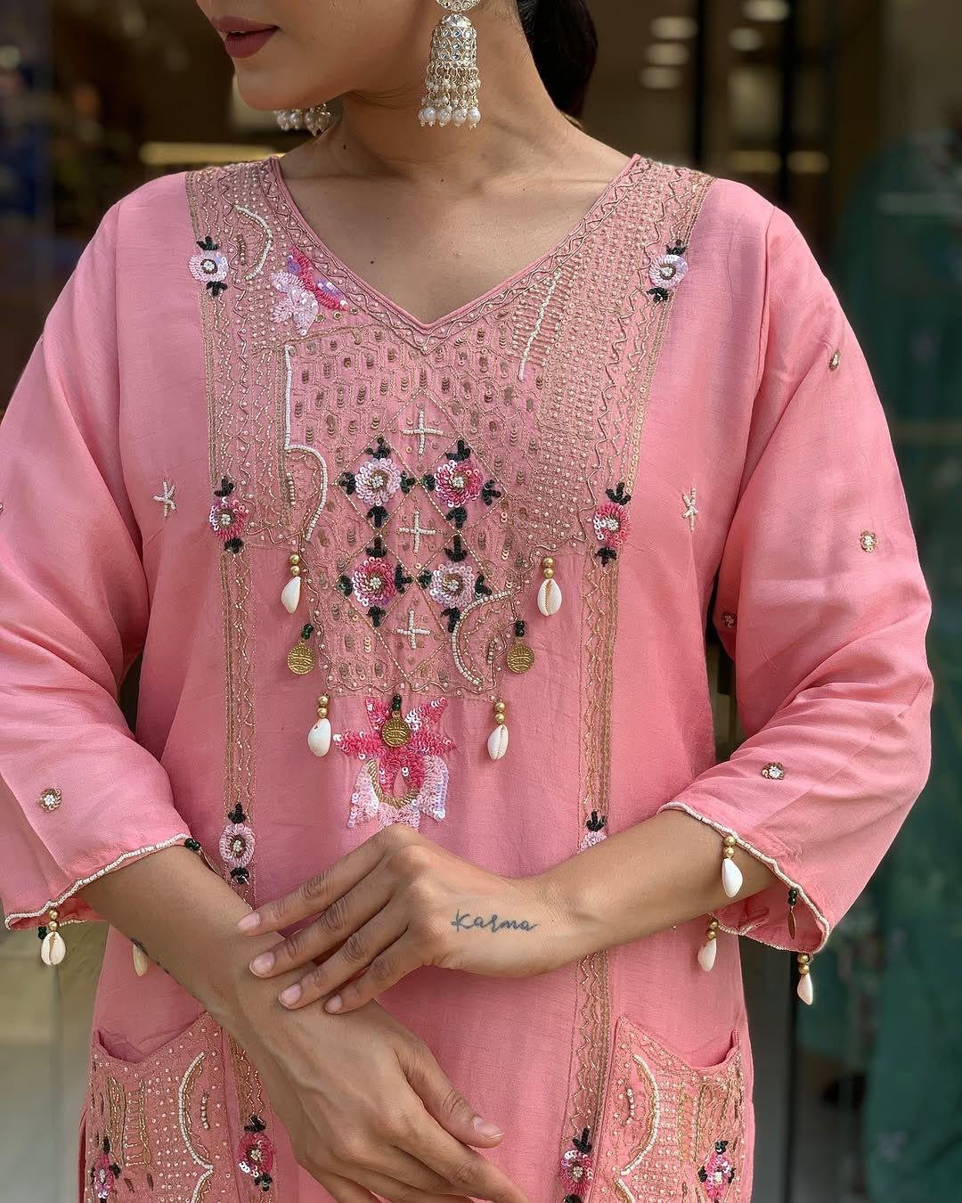 Roman Silk Original Kodi work with Hand Stone Thread Embroidery Work Summer Special Kurti Pant Dupatta Set (Fully Stitched)