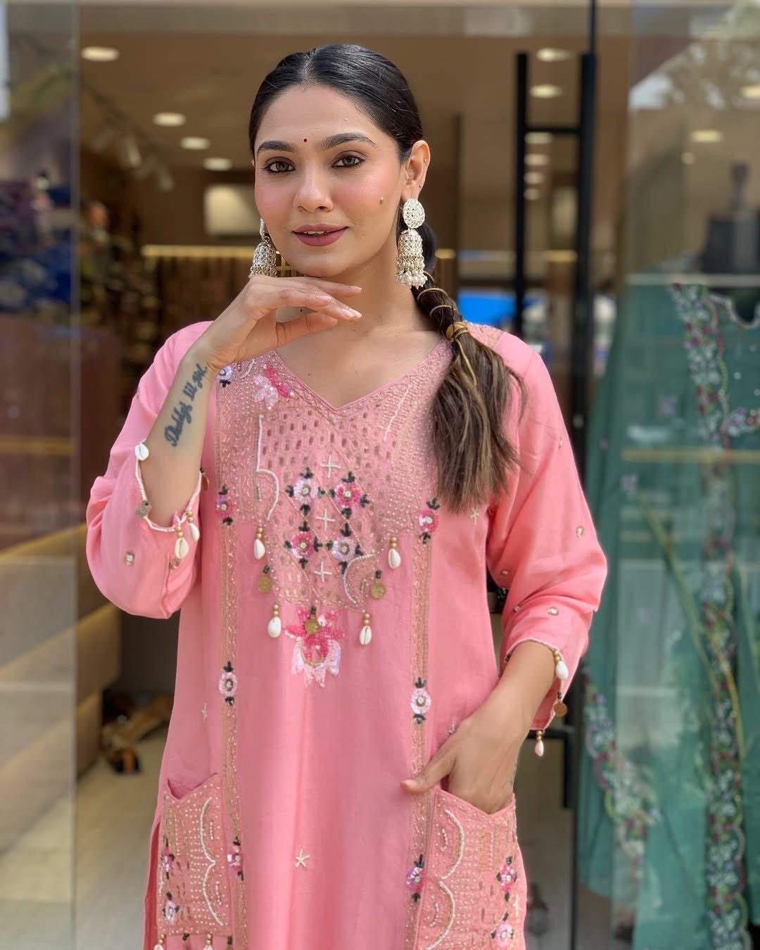 Roman Silk Original Kodi work with Hand Stone Thread Embroidery Work Summer Special Kurti Pant Dupatta Set (Fully Stitched)