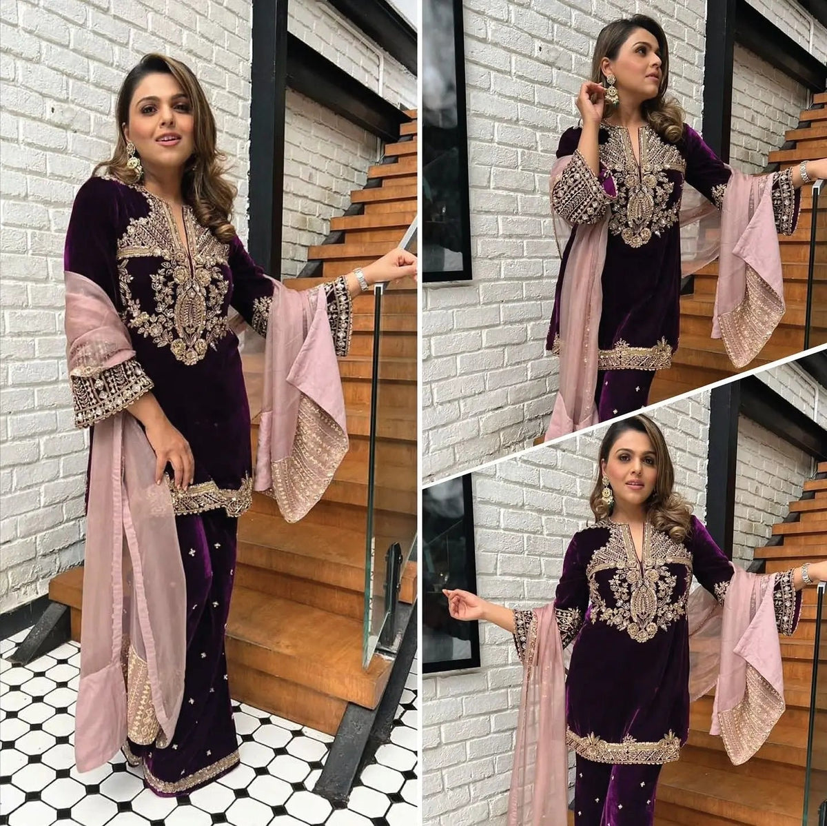 Sequence 5mm Embroidery Work Winter Special Designer Velvet Kurti Pant Dupatta Set (Ready To Wear)