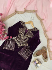 Sequence 5mm Embroidery Work Winter Special Designer Velvet Kurti Pant Dupatta Set (Ready To Wear)