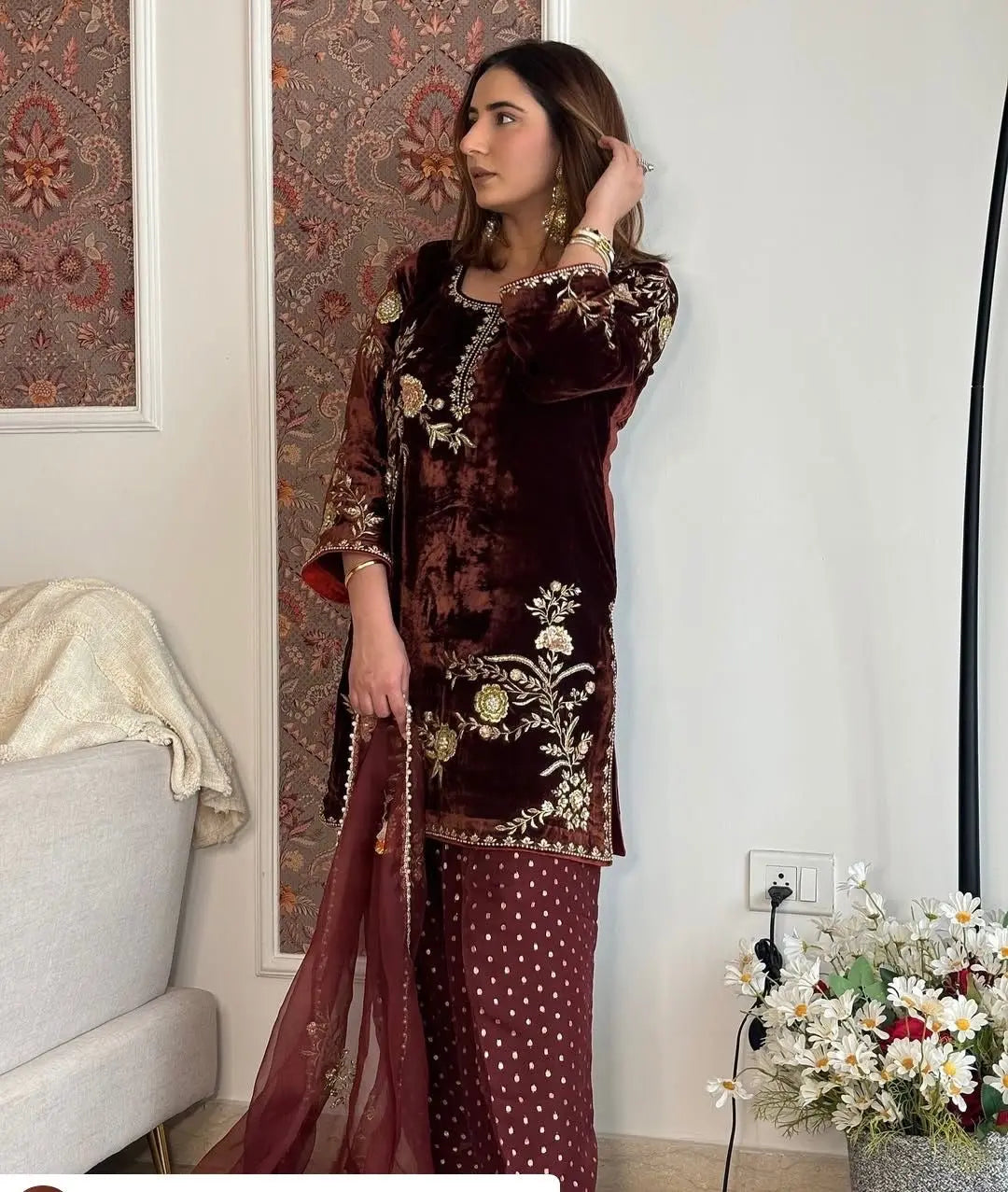 Sequence Embroidery Work Winter Special Velvet Kurti Pant Dupatta Set (Ready to Wear)