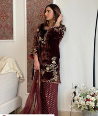 Sequence Embroidery Work Winter Special Velvet Kurti Pant Dupatta Set (Ready to Wear)