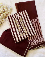Soft Cotton Batik Neckline work Kurti Pant Dupatta Set (Stitched)
