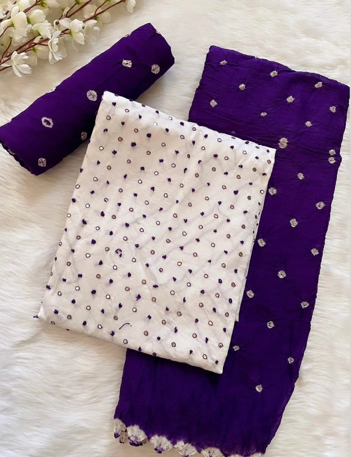 Soft Cotton Mirror Thread Work Bandhani Salwar Material (Unstitched)