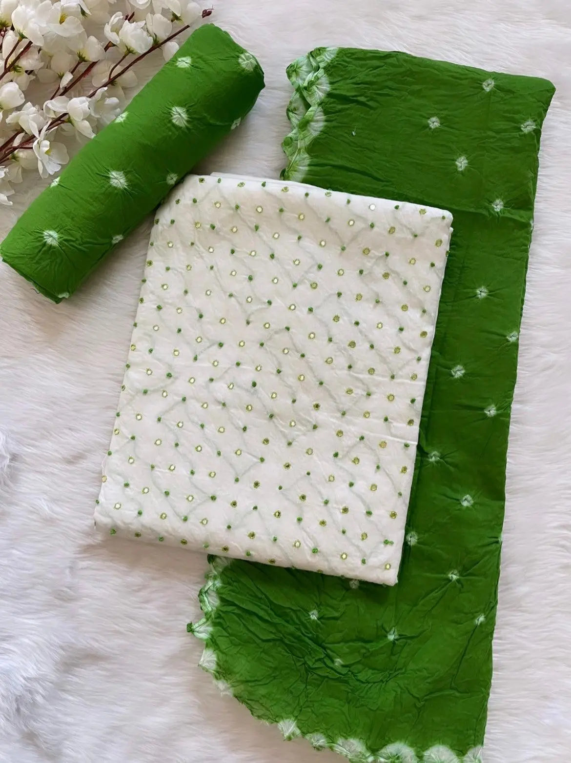 Soft Cotton Mirror Thread Work Bandhani Salwar Material (Unstitched)