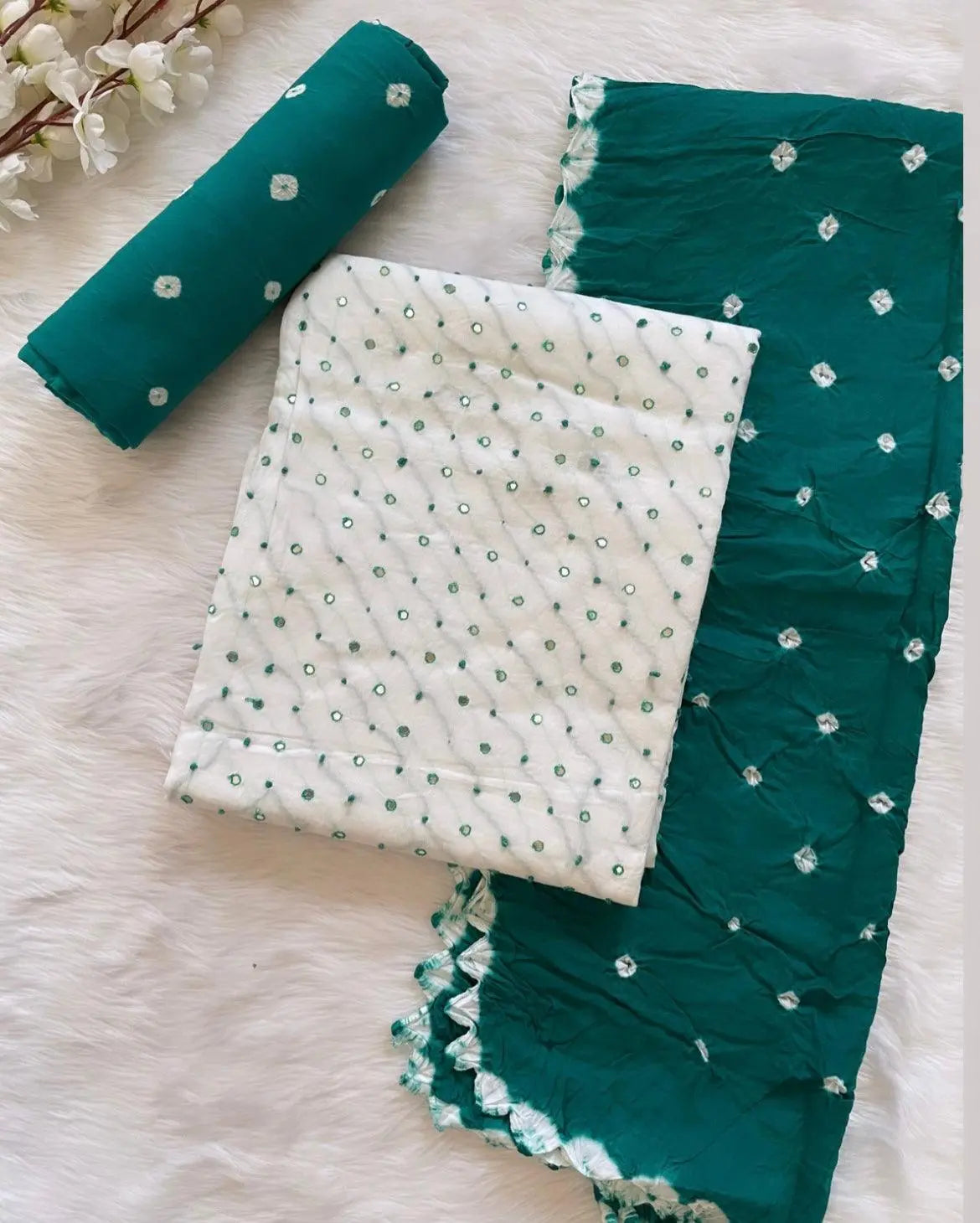 Soft Cotton Mirror Thread Work Bandhani Salwar Material (Unstitched)