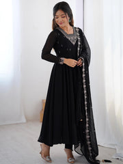Soft Faux Georgette Black Beauty Anarkali Flair Party Wear Kurti Pant Dupatta Set (Ready to Wear)