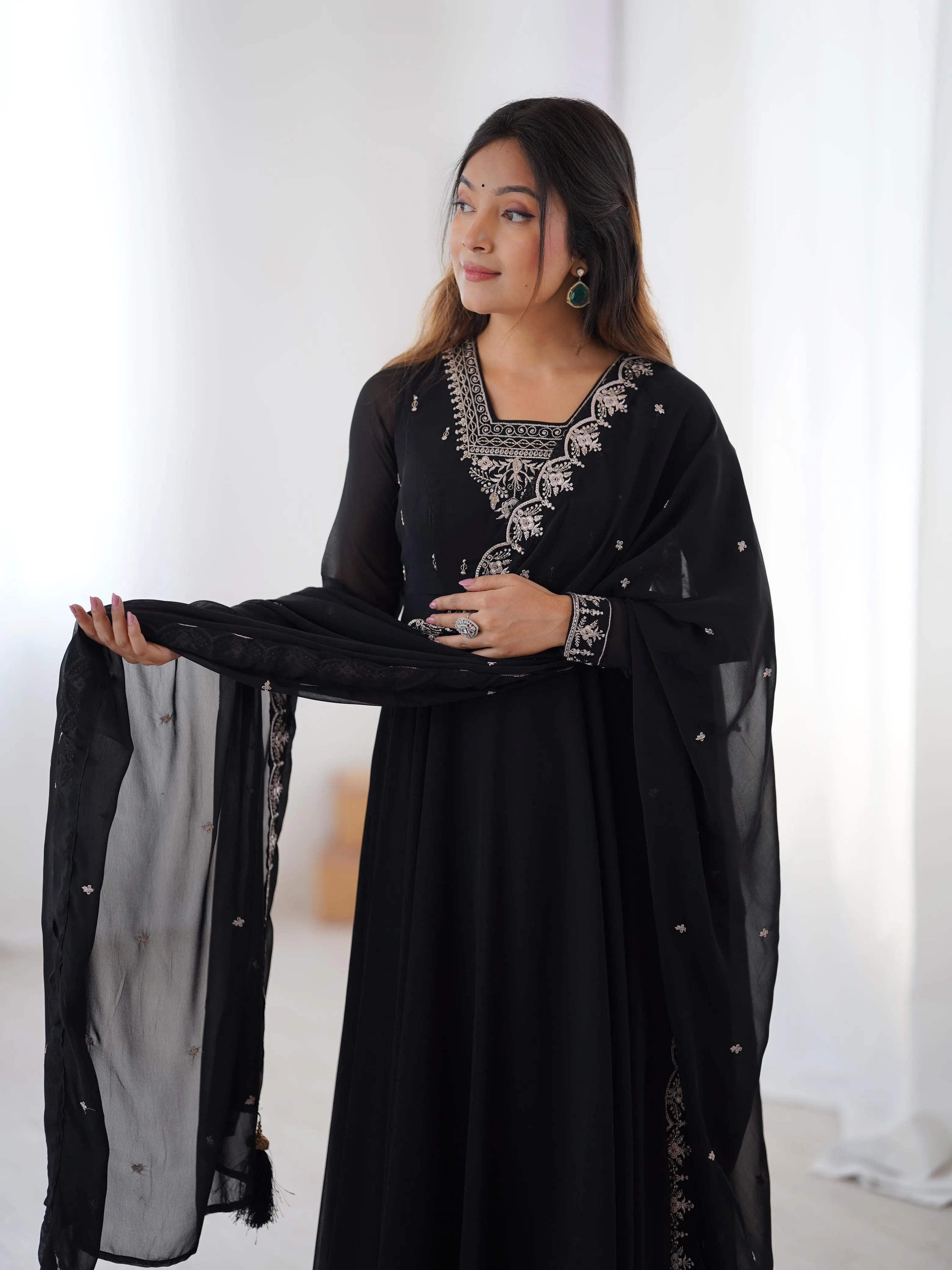 Soft Faux Georgette Black Beauty Anarkali Flair Party Wear Kurti Pant Dupatta Set (Ready to Wear)