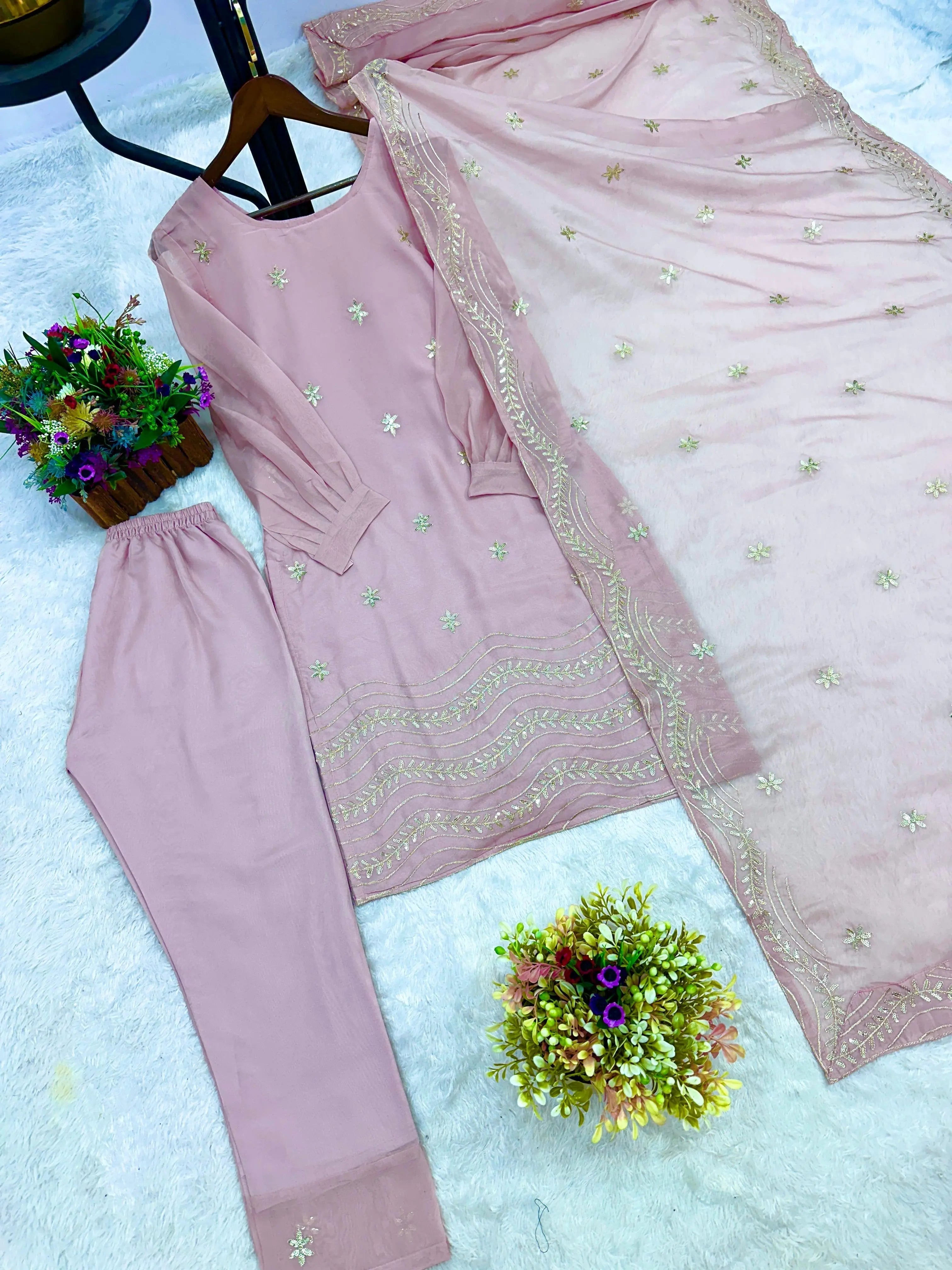 Soft Tabby Silk Sequence Embroidery work Party Wear Designer 3Pc  Kurti Pant Dupatta Set (Ready to Wear)