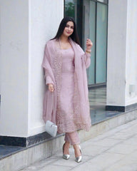 Soft Tabby Silk Sequence Embroidery work Party Wear Designer 3Pc  Kurti Pant Dupatta Set (Ready to Wear)