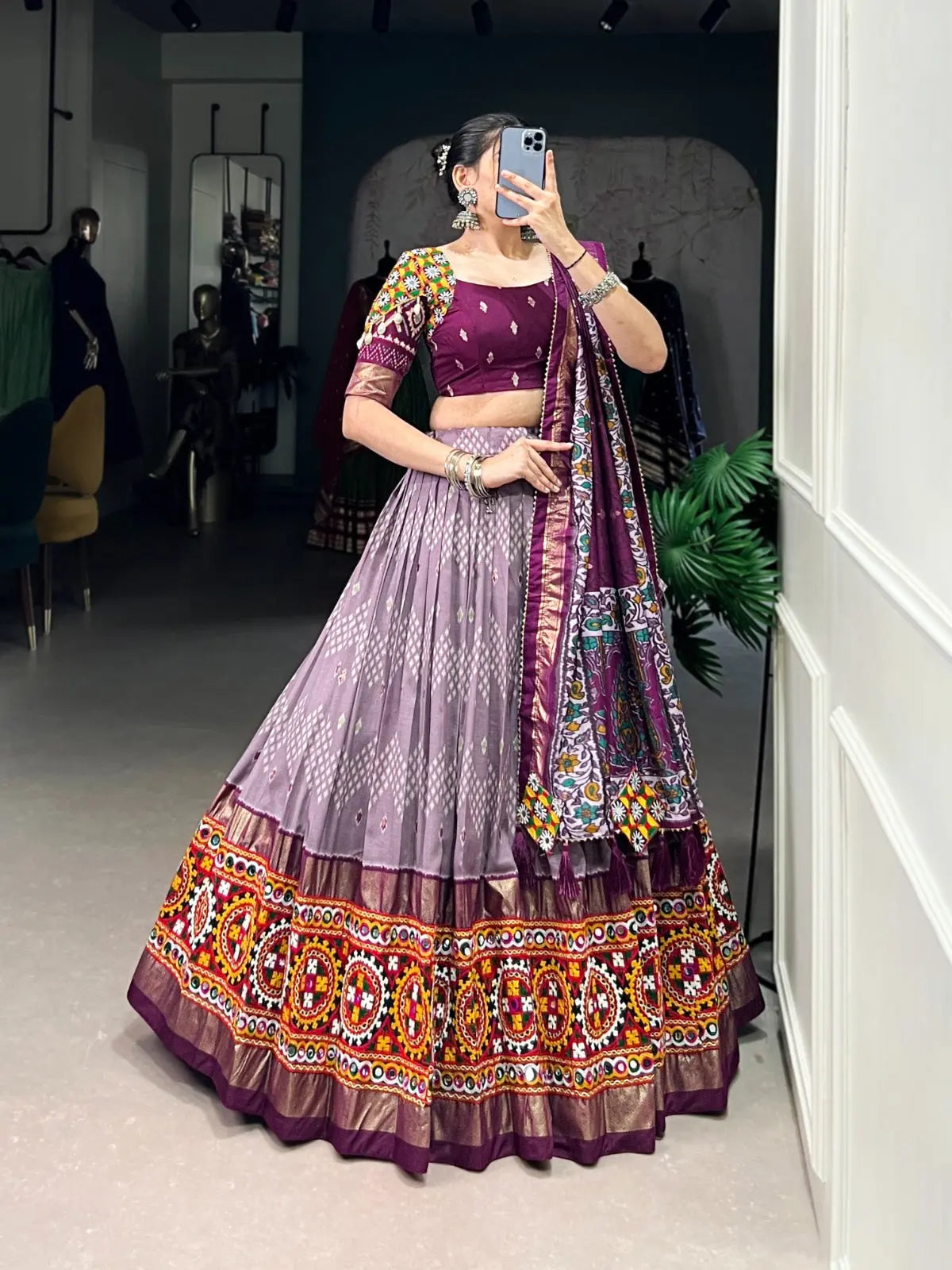 Tassar Silk Ikkat Print work Navratri Special Chaniya Choli (Ready To Wear)