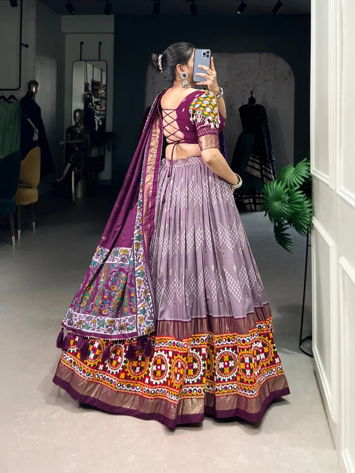 Tassar Silk Ikkat Print work Navratri Special Chaniya Choli (Ready To Wear)