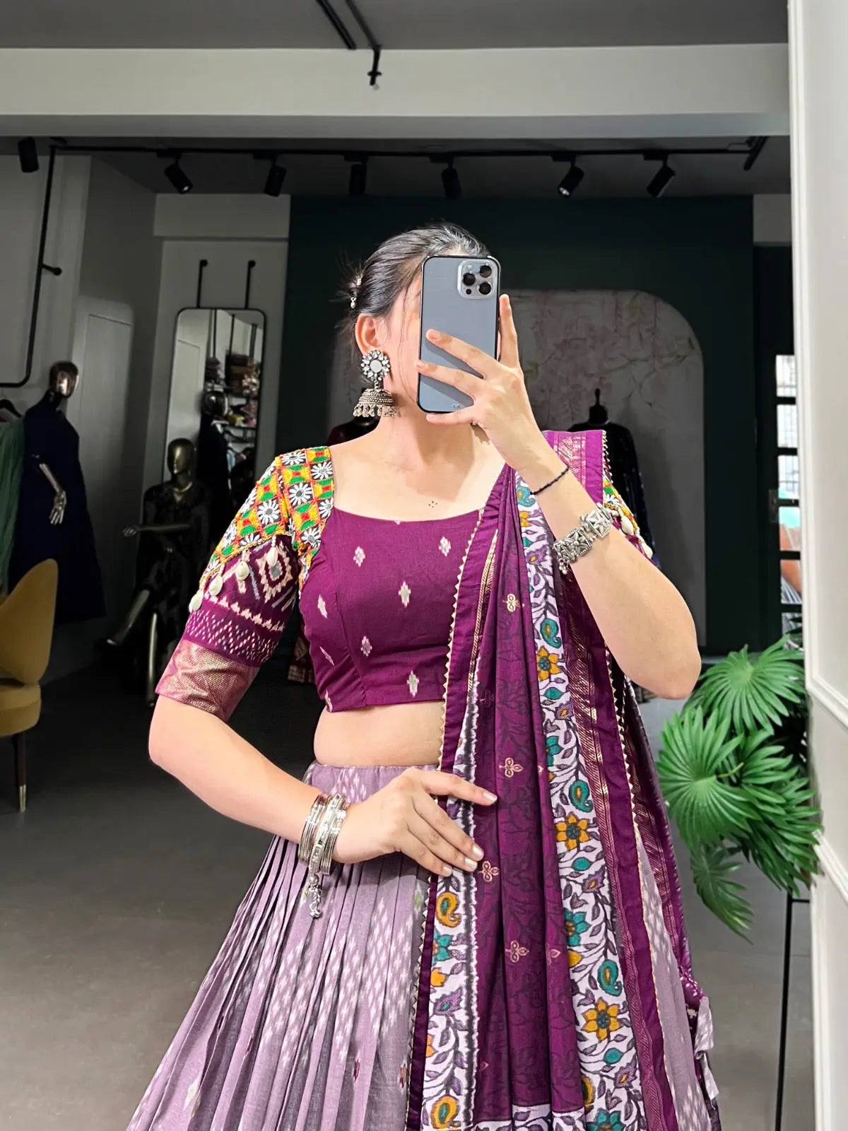 Tassar Silk Ikkat Print work Navratri Special Chaniya Choli (Ready To Wear)