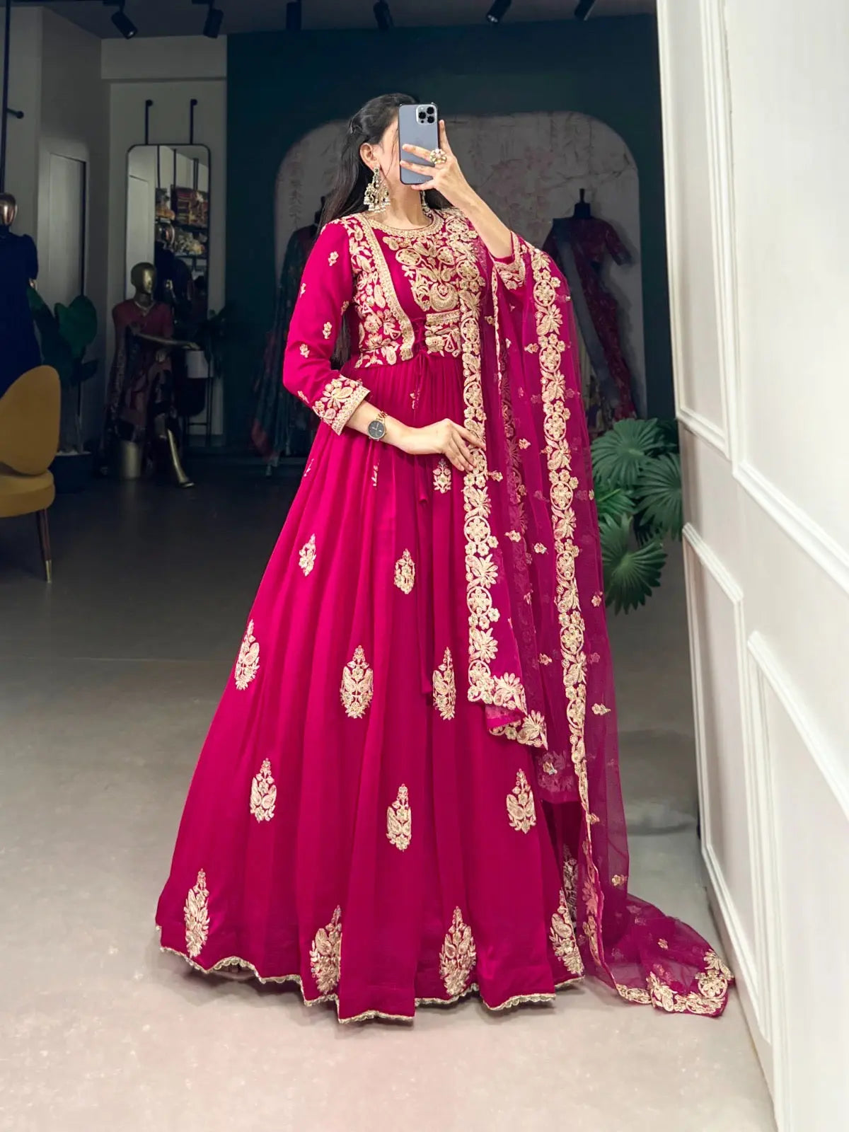 Vachitra Silk Sequence Thread Embroidery Work Gown Dupatta Set (Stitched)
