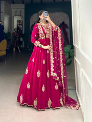 Vachitra Silk Sequence Thread Embroidery Work Gown Dupatta Set (Stitched)