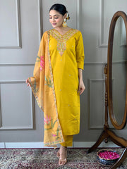 Viscos Chanderi Neck Stone Work Kurti Pant Dupatta Set (Stitched)