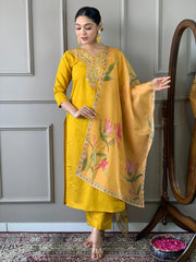 Viscos Chanderi Neck Stone Work Kurti Pant Dupatta Set (Stitched)