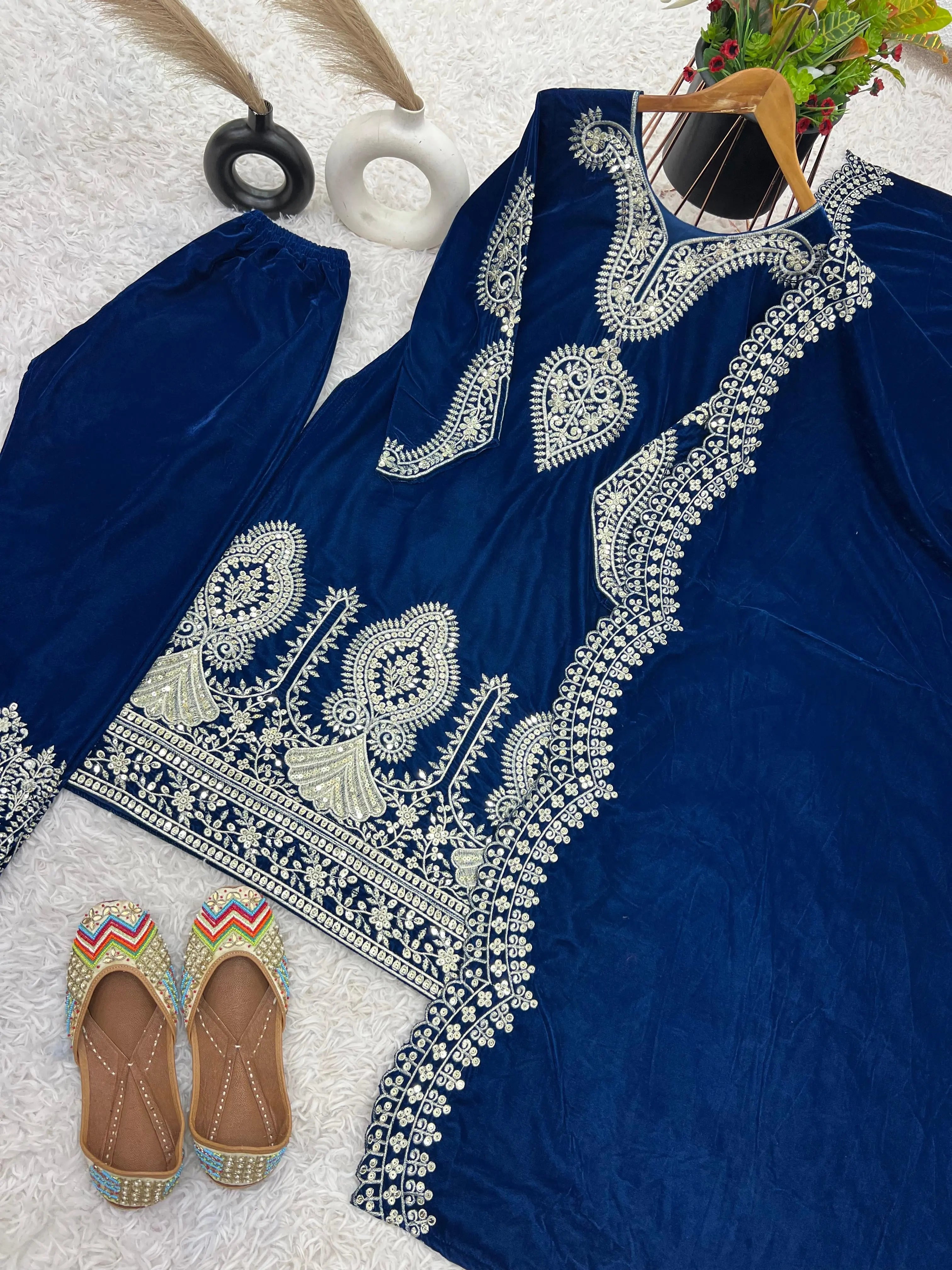 Viscos Seuqence Embroidery Work Designer Velvet Kurti Pant Dupatta Set (Ready to Wear)