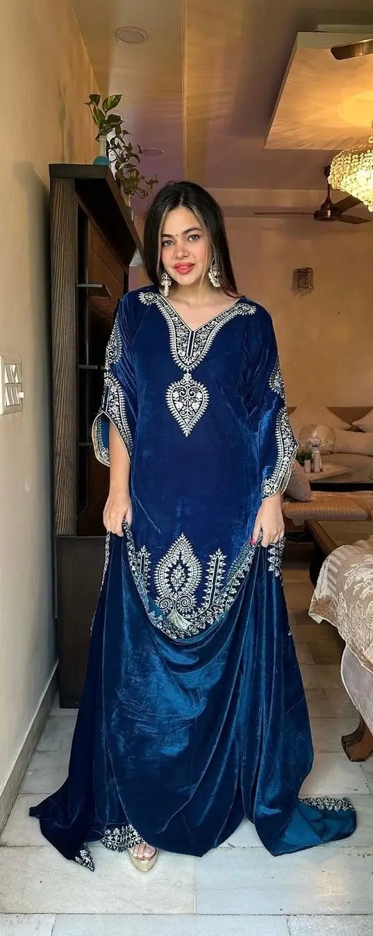 Viscos Seuqence Embroidery Work Designer Velvet Kurti Pant Dupatta Set (Ready to Wear)