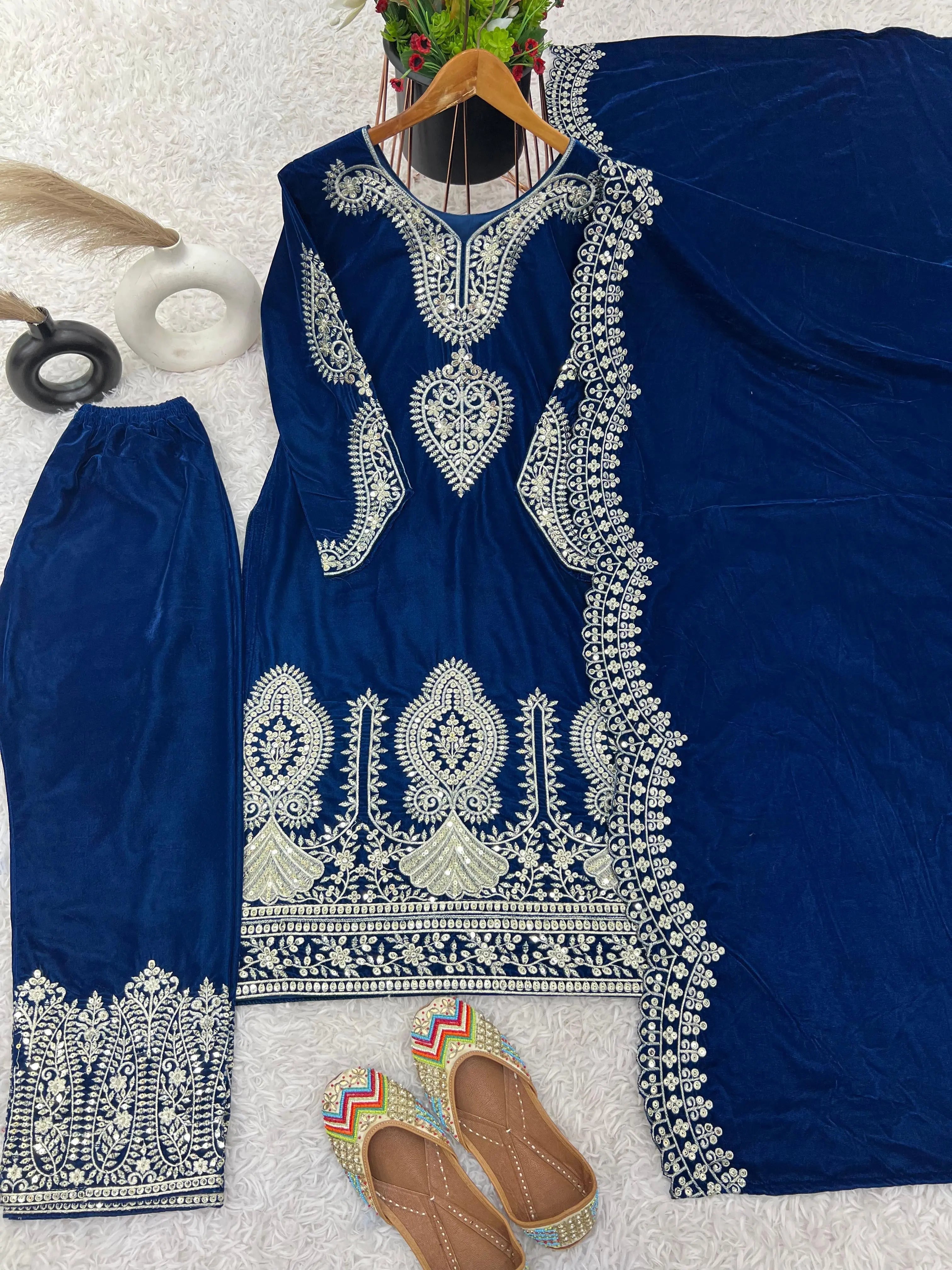 Viscos Seuqence Embroidery Work Designer Velvet Kurti Pant Dupatta Set (Ready to Wear)