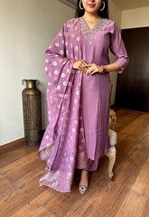 Viscose Chanderi Fabric V Neck Embroidery Work Jeckard Buta Kurti Pant Dupatta Set for Summer (Ready to Wear)