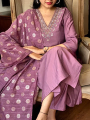 Viscose Chanderi Fabric V Neck Embroidery Work Jeckard Buta Kurti Pant Dupatta Set for Summer (Ready to Wear)