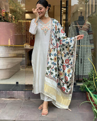 Viscose Chanderi Zari Weaving Neck work Kurti Pant Dupatta Set (Ready to wear)