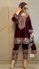 Viscose Velvet Embroidery Work Velvet Cord Set for Winter (Ready to Wear)