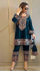Viscose Velvet Embroidery Work Velvet Cord Set for Winter (Ready to Wear)