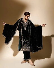 Viscose Velvet Sequence Embroidery Work Designer Party Wear Velvet Kurti Palazzo Dupatta Set (Ready to Wear)