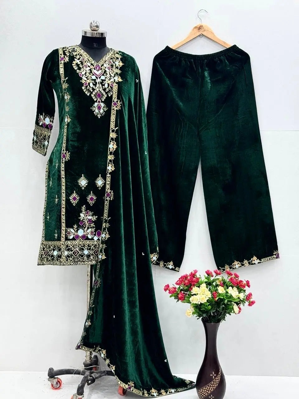 Viscose Velvet Sequence Embroidery Work Designer Party Wear Velvet Kurti Palazzo Dupatta Set (Ready to Wear)