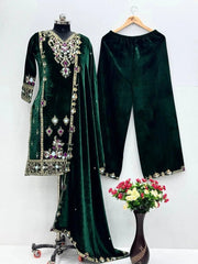 Viscose Velvet Sequence Embroidery Work Designer Party Wear Velvet Kurti Palazzo Dupatta Set (Ready to Wear)