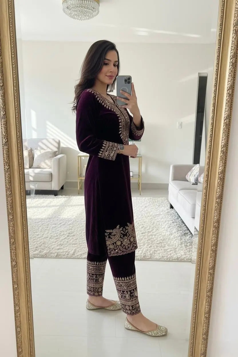 Zari Embroidery Work Ready to Wear Velvet Kurti Pant Set