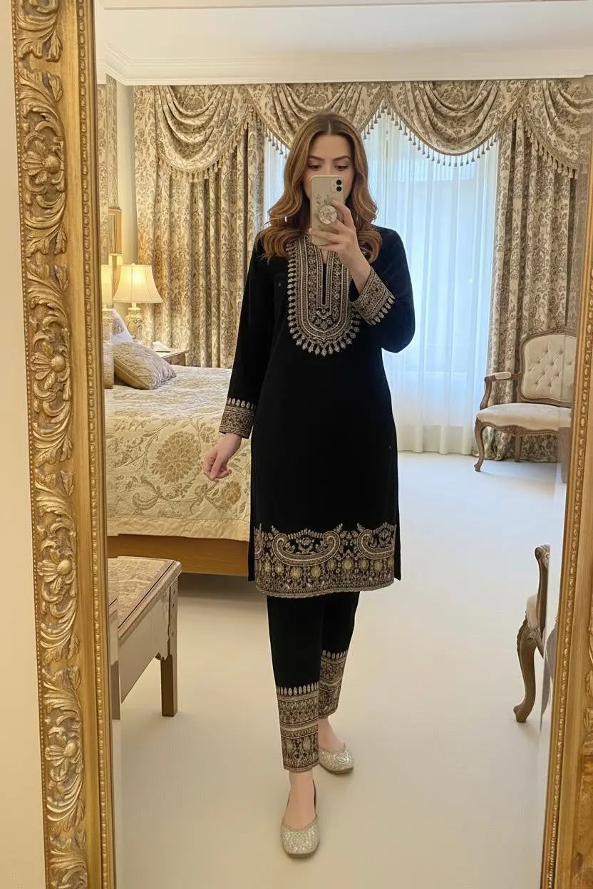 Zari Embroidery Work Ready to Wear Velvet Kurti Pant Set