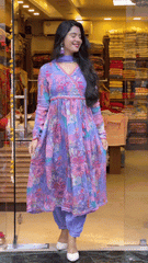 Muslin Alia Cut Zari Embroidery Digital Print work Kurti Pant Set (Stitched)