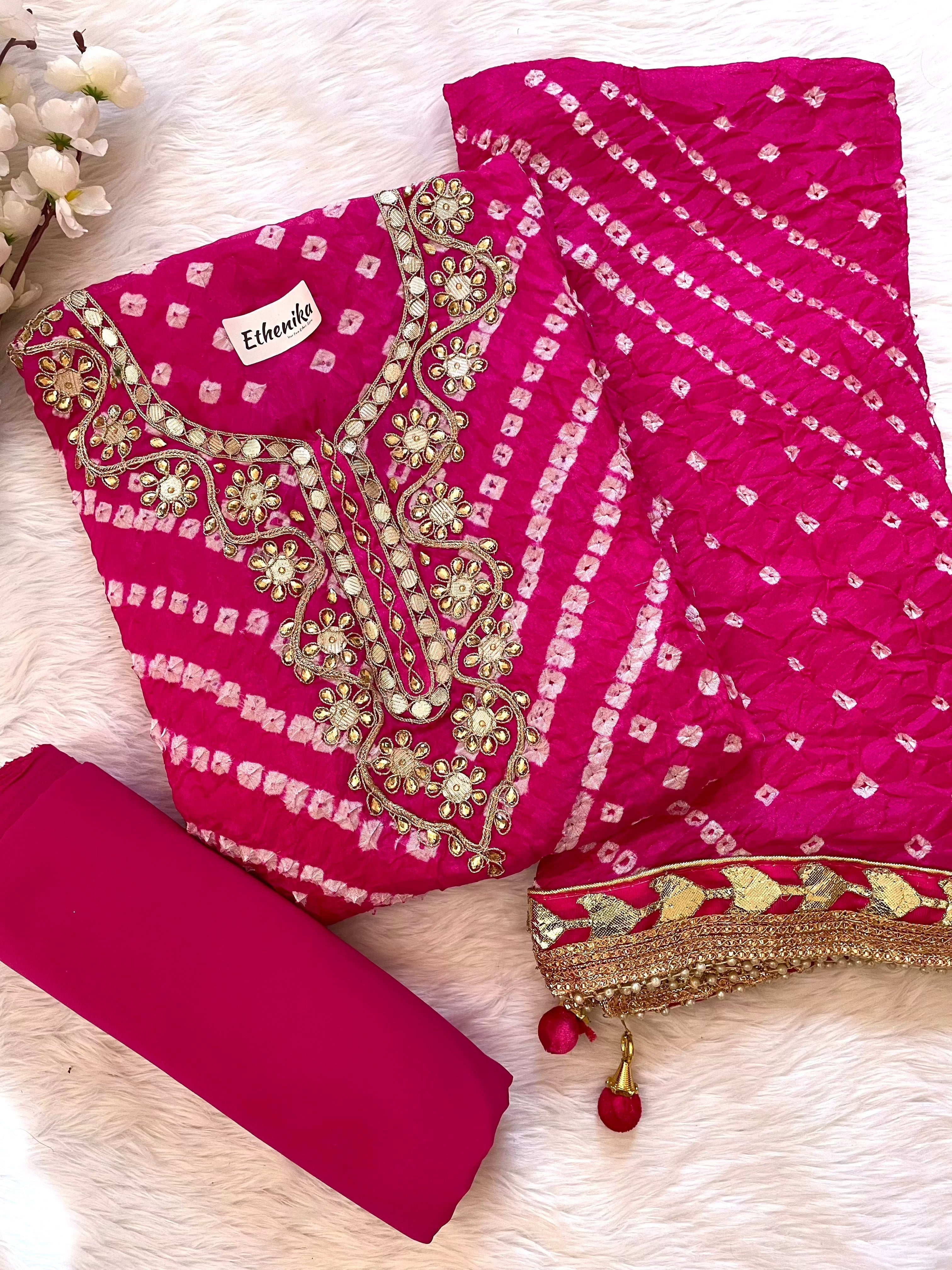Silk Fabric Neck work with Fumka Work Dupatta Bandhani Dress Material ( Unstitched)