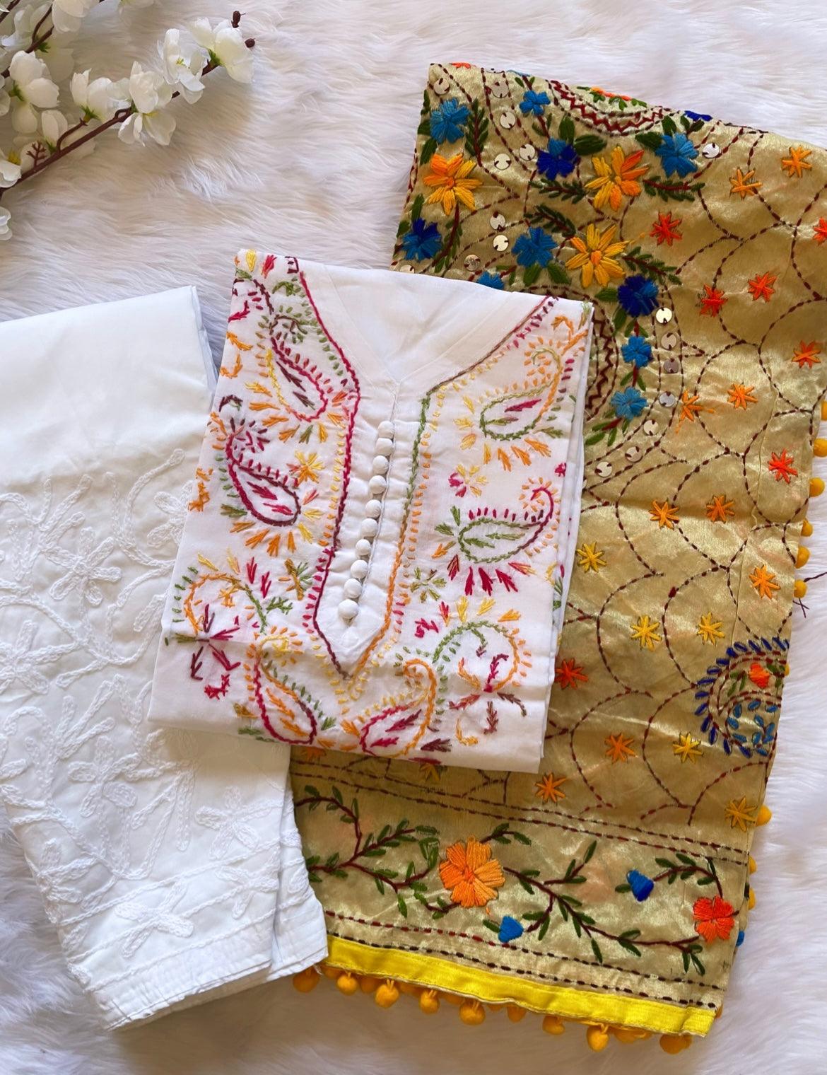 Soft Cotton Kadhai work Kurta with Phulkari Dupatta & Chikankari Palazo Set