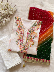 Thread Embroidery work Kurti with Chikankari Pant & Jaipuri moti work bandhani dupatta Set