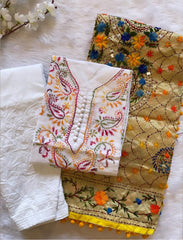 Soft Cotton Kadhai work Kurta with Phulkari Dupatta & Chikankari Palazo Set