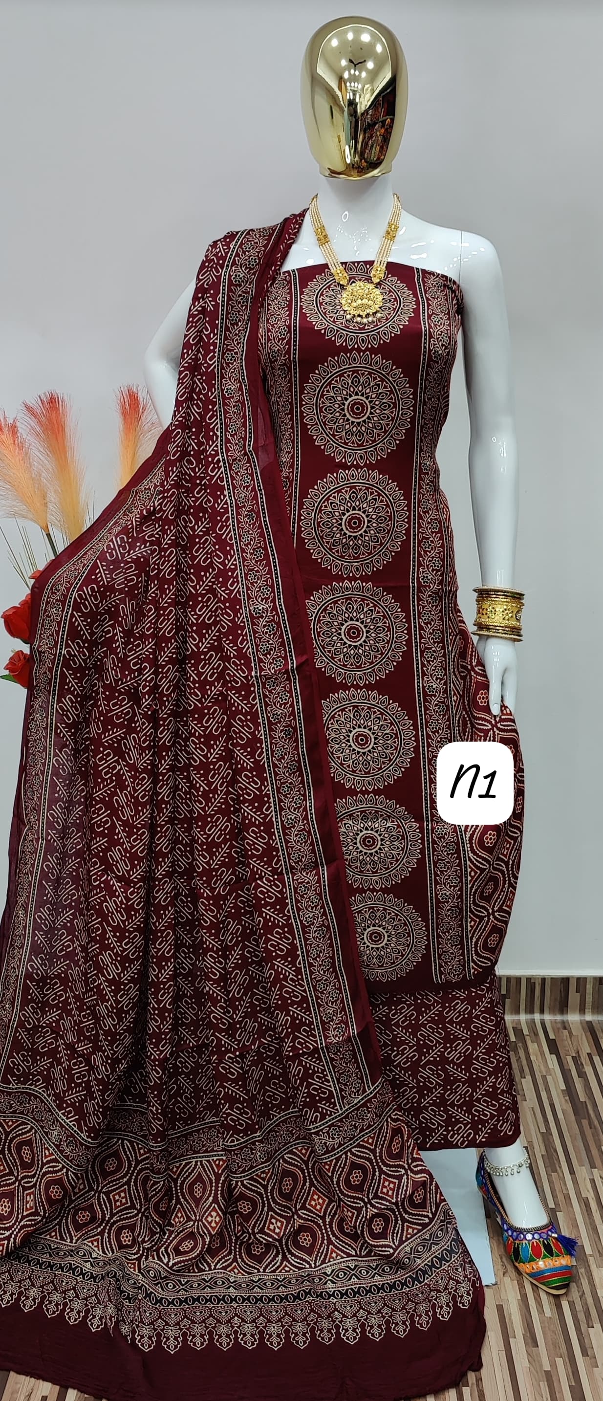 Original silk Hand Crafted Ajrakh Dress Material